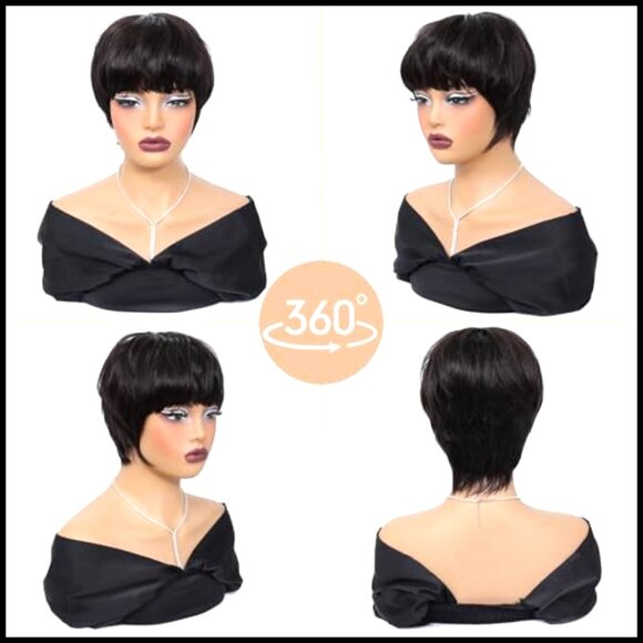 Short Pixie Cut Wig Human Hair Glueless Layered Bangs Straight Contemporary
